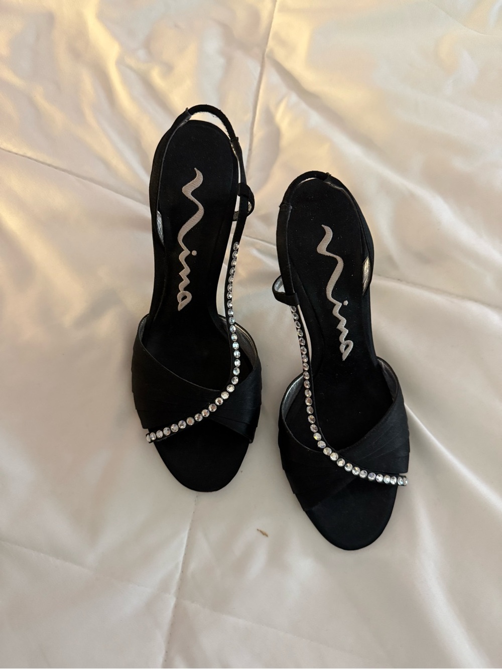 Nina Black Satin Slingback Kitten Heels with Rhinestone Accent